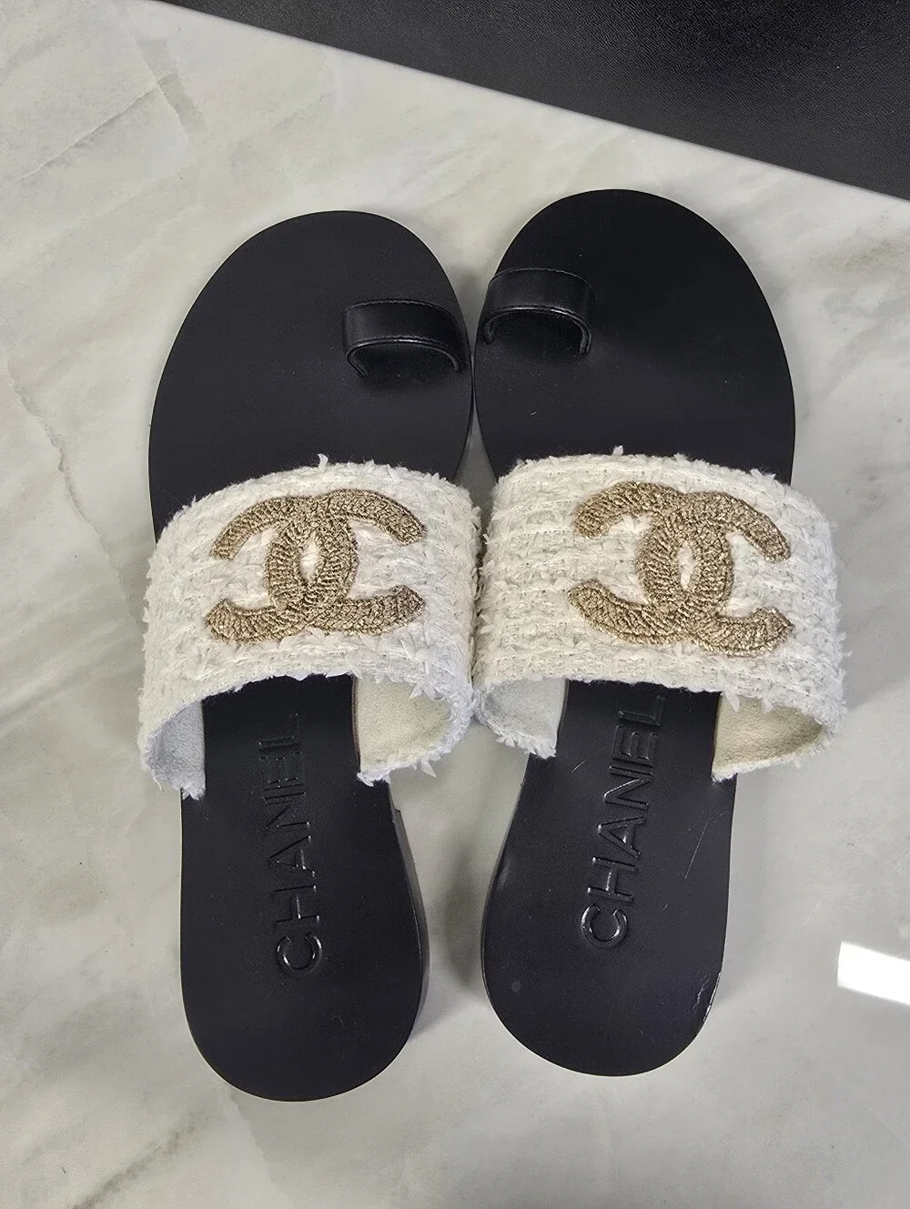 Chanel White Tweed & Gold Logo Slide Sandals